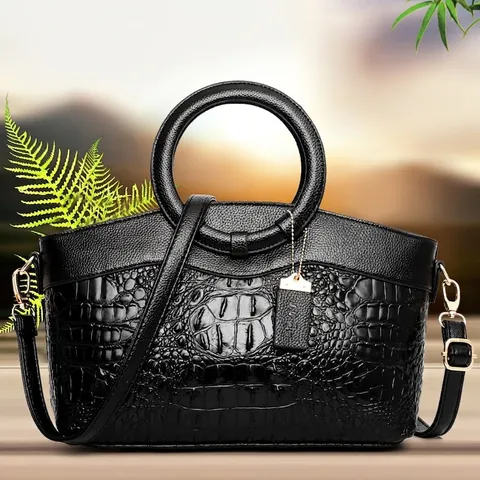 Vintage Crocodile Pattern PU Leather Handbag With Circular Handles Detachable Shoulder Strap Fashion Crossbody Bag For Women