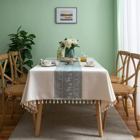 Nordic Reindeer Tree Pattern Tablecloth Cotton Linen Blend Fringed Tassel Rectangular Dustproof Table Cover Decor