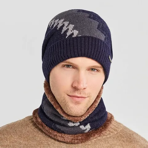 Berretto In Maglia Invernale Da Uomo E Sciarpa Scaldacollo Foderato In Pile Caldo Spesso Motivo Geometrico