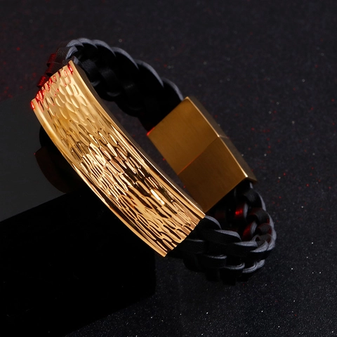 Pulsera De Cuero Trenzado Para Hombre Con Placa De Acero Inoxidable 316L Martillado Cierre Magnético Joyería