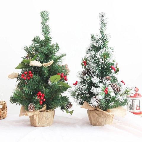 Mini Sapin De Noël Décoration De Table Neige Floconnée Petit Arbre Artificiel Avec Baies Rouges Pommes De Pin Base En Jute