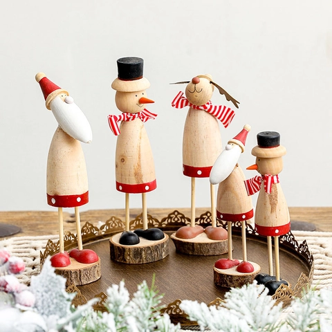 Christmas Wooden Doll Ornaments Handcrafted Wood Santa Claus Snowman Reindeer Desktop Festive Decoration Nordic Decor