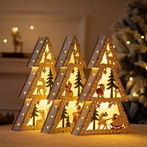 Wooden Christmas Tree LED Light Up Ornament Hollow Laser Cut Reindeer Snowman Tabletop Hanging Holiday Home Decor