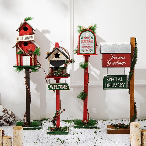 Wooden Christmas Mailbox Birdhouse Ornaments Snow Flocked Pine Tree Festive Holiday Yard Garden Home Decor Vintage Rustic