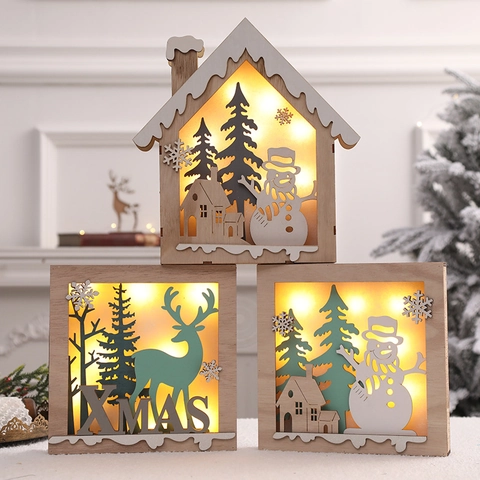 Adorno Navideño LED De Madera Luz Talla Hueca Reno Muñeco De Nieve Decoración Escritorio Brillo Cálido Nórdico Regalo Hogar Festivo
