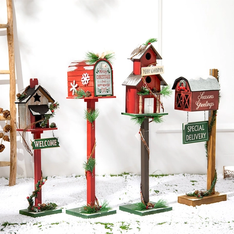 Wooden Christmas Mailbox Birdhouse Ornaments Snow Flocked Pine Tree Festive Holiday Yard Garden Home Decor Vintage Rustic