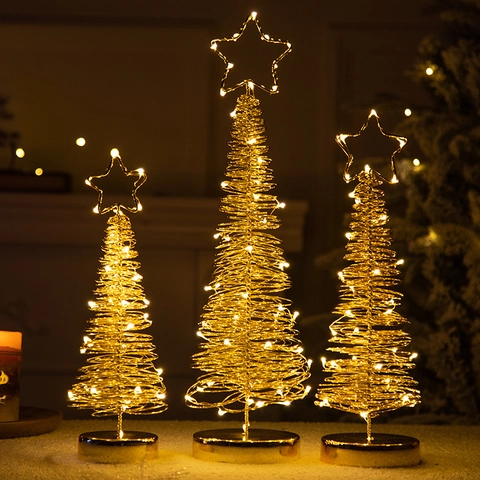Iron Art LED Christmas Tree Decorations Metal Wire Spiral Conical Desktop Ornaments With Star Topper For Holiday Atmosphere
