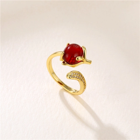 Anillo Abierto Ajustable Forma Zorro Cobre Chapado En Oro Con Circón Y Piedra Preciosa Colorida Joyería Mujer