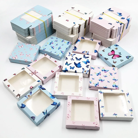 Butterfly Pattern False Eyelash Packaging Box Square Cardboard Lash Storage Case With Transparent Window Makeup Organizer