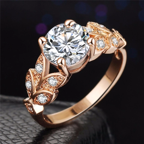 Elegant Leaf Design Ring Copper With Zircon Round Cut Four Prong Engagement Wedding Jewelry For Women