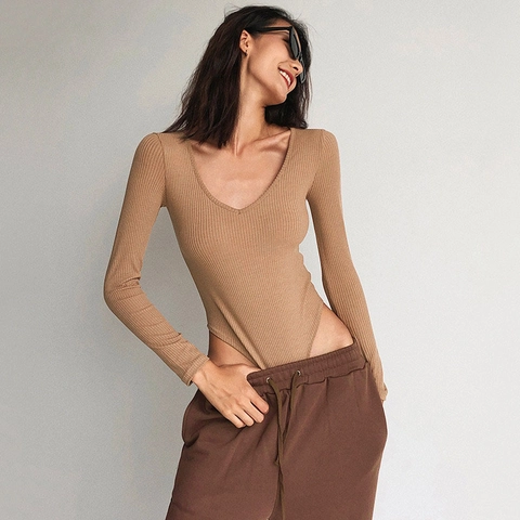 Body De Manga Larga Para Mujer Punto Acanalado Cuello En U Ajustado Color Sólido Top Mono