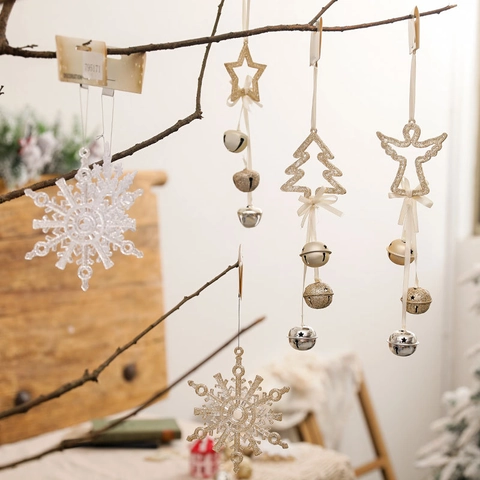Christmas Hanging Ornaments Snowflake Star Tree Angel Bell Pendants Acrylic Wood Glitter Holiday Home Decor
