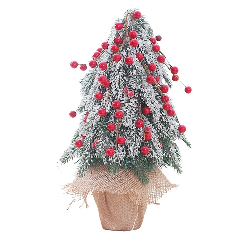 Mini Weihnachtsbaum Tischdeko Mit Roten Beeren Und Schnee-Effekt PET PVC Jute Basis Rustikale Feiertagsdekoration Haus Büro