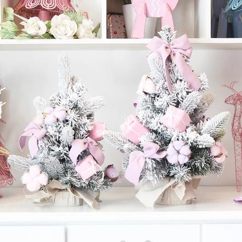 Flocked Snow Mini Christmas Tree Desktop Decoration Macaron Color PVC Fabric Bows Garland Ornament Holiday Home Office