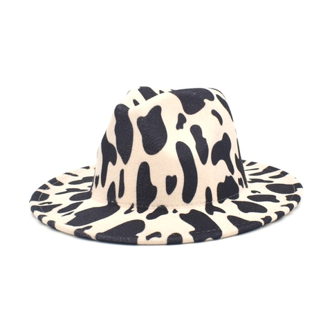 Koeienprint Fedora Hoed Wolvilt Brede Rand Jazz Cap Retro Outdoor Reizen Panama Zonnehoed Heren Dames