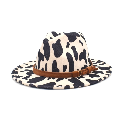 Cow Print Woolen Fedora Hat Wide Brim Jazz Cap With Faux Leather Belt Decorative Metal Ring For Women Men Outdoor Travel