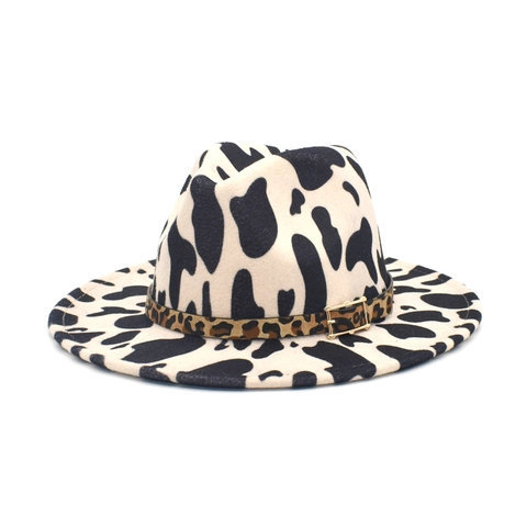 Vintage Kuhmuster Wollstoff Fedora-Hut Breite Krempe Jazz-Hut Mit Leopardenmuster-Gürtel Metallschnalle Mode Britischer Stil