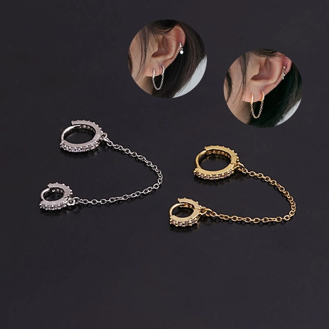 Orecchini Cartilagine Doppio Piercing Pendente Rotondo Zircone Rame Catena Cerchio Gioielli Di Moda Per Donne Stile Chic