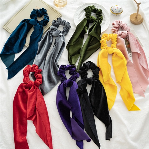 Velvet Scrunchie With Long Streamer Ribbon Bow Hair Tie Elastic Ponytail Holder French Vintage Style For Women