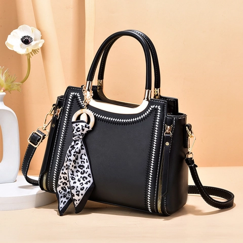 Elegante Damen PU Leder Handtasche Mit Leoparden Schal Kontrastnähten Große Kapazität Umhängetasche Für Den Alltag