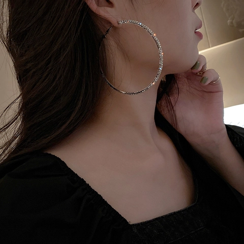 Alloy Rhinestone Large Hoop Earrings With Silver Earring Post Elegant Geometric Statement Jewelry For Women