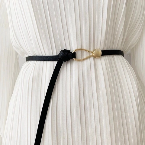 Women Minimalist Cowhide Leather Thin Belt With Gold Alloy Horseshoe Buckle Fashion Decorative Knot Waist Belt For Dresses