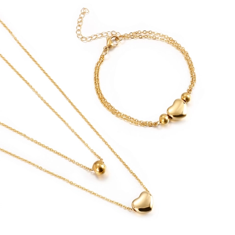 Conjunto de Collar y Pulsera con Colgante de Corazón de Acero Inoxidable Minimalista para Mujer Cadena de Doble Capa Joyería Oro Plata