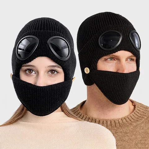 Berretto In Maglia Con Occhiali E Maschera Rimovibile Inverno Caldo Spesso Stile Pilota Aviatore Antivento All Aperto