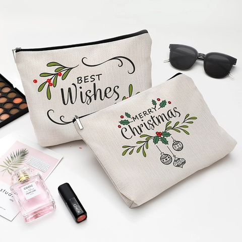 Christmas Makeup Bag Waterproof Linen Canvas Cosmetic Pouch Zipper Storage Case Travel Festive Gift For Women