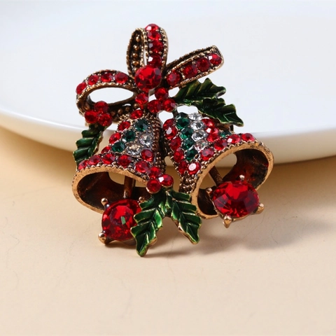 Broche Cloche De Noël Vintage Alliage Strass Émail Nœud Feuille De Houx Bijou Accessoire Femme Vacances