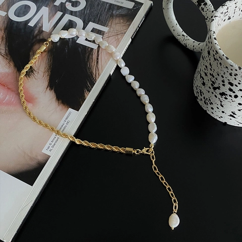 Collier Épissé Perle Eau Douce Baroque Chaîne Corde Dorée Bijoux Mode Luxe Minimaliste Élégant Commuter Femmes