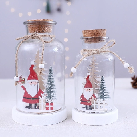 Decorazione Bottiglia Di Vetro LED Di Natale Con Babbo Natale In Legno Albero Miniatura Luce Calda Ornamento Scrivania Regalo