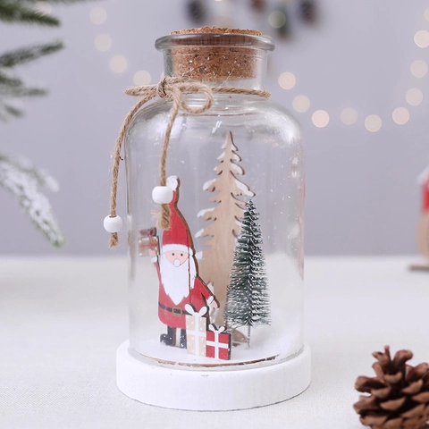 Decorazione Bottiglia Di Vetro LED Di Natale Con Babbo Natale In Legno Albero Miniatura Luce Calda Ornamento Scrivania Regalo