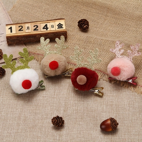 Pinzas Para El Pelo Con Astas De Reno De Navidad Pompones De Peluche Horquillas Brillantes Para Niñas