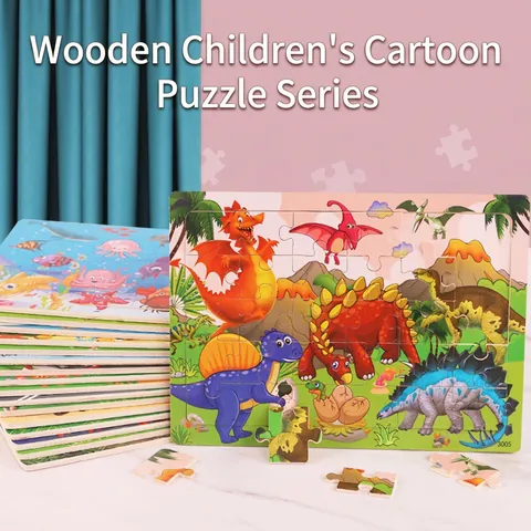 Wooden Jigsaw Puzzles Educational Early Learning Cartoon Animal Dinosaur Toy For Toddlers Kids Brain Teasers