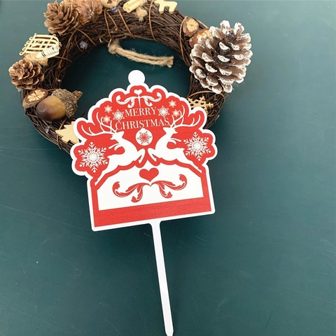 Acrylic Christmas Cake Toppers Printed Reindeer Santa Hat Merry Christmas Holiday Dessert Party Decorations