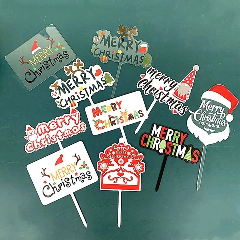 Acrylic Christmas Cake Toppers Printed Reindeer Santa Hat Merry Christmas Holiday Dessert Party Decorations