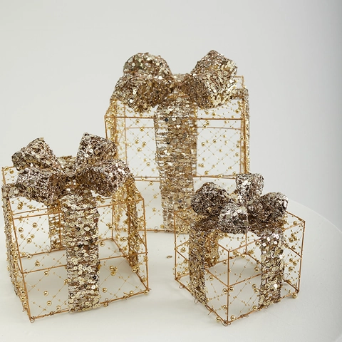 Christmas Decorative Gift Box Ornaments Hollowed Metal Iron With Glitter Beads Bow Knots Holiday Party Window Floor Decor
