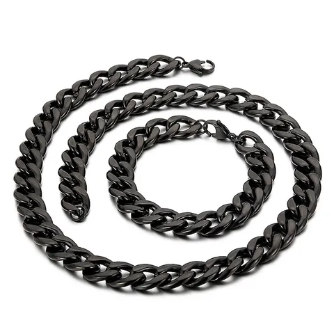 Men Stainless Steel Cuban Link Chain Necklace Bracelet Jewelry Polished Minimalist Hip Hop Punk Style Accessory