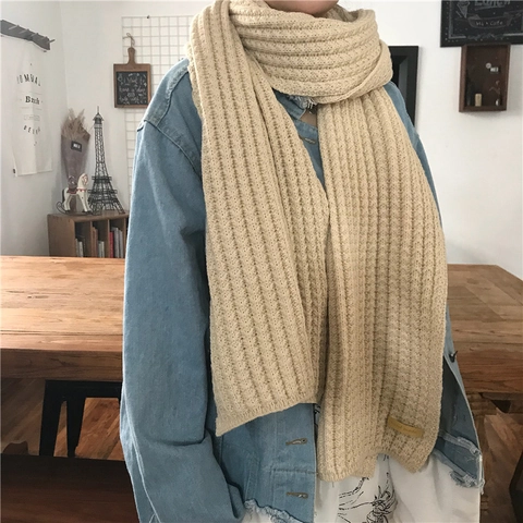 Women Winter Chunky Knit Scarf Thick Warm Ribbed Solid Color Plush Yarn Neck Warmer Harajuku Style Versatile