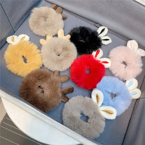 Plüsch Haargummi Scrunchies Süße Hasenohren Weihnachten Rentier Geweih Kunstpelz Elastische Haarbänder Damen Mädchen Accessoires