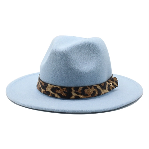 Wide Brim Fedora Hat Wool Felt Leopard Print Band Gold Rivet Jazz Cap Unisex Flat Top Elegant Western Style Accessory