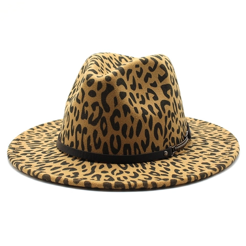 Leopard Print Fedora Hat Wide Flat Brim Cotton Polyester Felt Jazz Hat With Buckle Belt Fashion Unisex