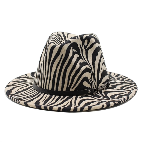 Zebra Animal Print Fedora Hat Wide Flat Brim Cotton Polyester Belt Buckle Retro Jazz Cap Unisex Fashion Vintage