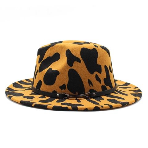 Μόδα Καπέλο Φεντόρα Από Μάλλινη Τσόχα Με Animal Print Πλατύ Γείσο Δυτικού Τύπου Τζαζ Με Δερμάτινη Ζώνη Με Αγκράφα