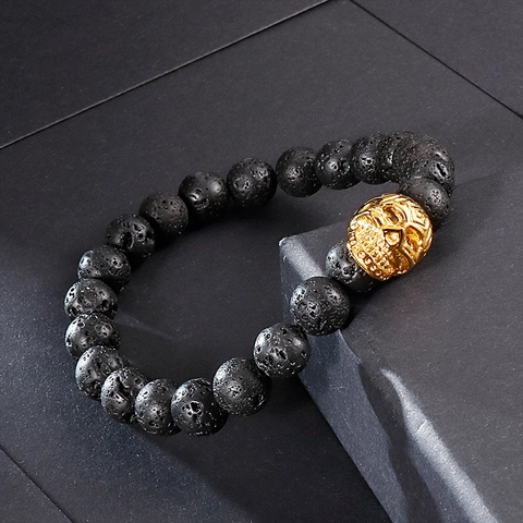Pulsera De Cuentas De Piedra Volcánica Para Hombre Con Calavera De Acero Inoxidable Elástica Punk Gótico Joyería