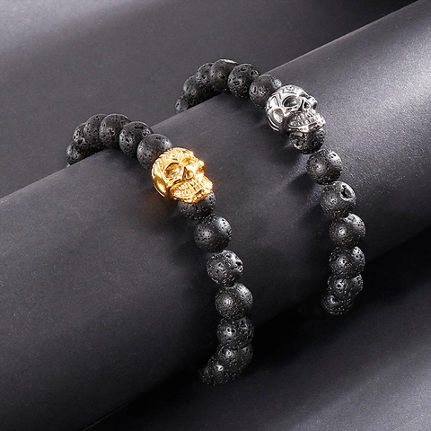 Bracelet Perles En Pierre De Lave Pour Homme Avec Crâne En Acier Inoxydable Elastique Punk Gothique Bijoux