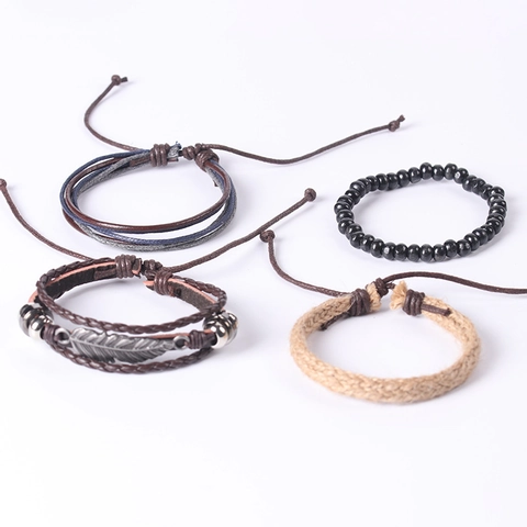 Vintage Multi-Layer Leather Bracelet With Alloy Feather Pendant Wood Beads Boho Woven Wax Rope For Men Women