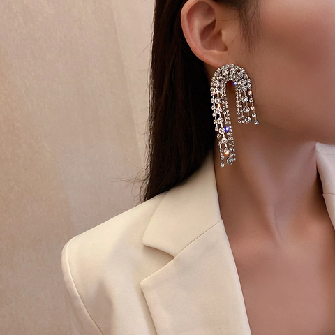 Pendientes Colgantes De Borla De Strass Con Poste De Plata Aleación Flecos Irregulares Joyas Para Mujeres Fiesta Lujo