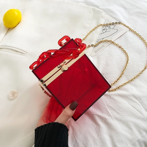 Acryl Transparent Box Clutch Damen Umhängetasche Dicke Kette Kleine Quadratische Hartschale Party Abendtasche